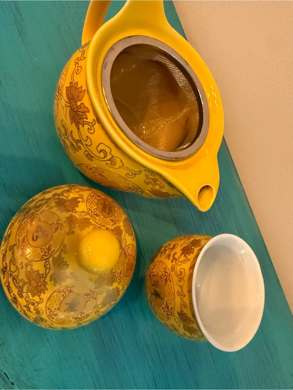Chinese Yellow Porcelain Teapot Tea Set w Infuser & Matching Cup Longevity Motif
